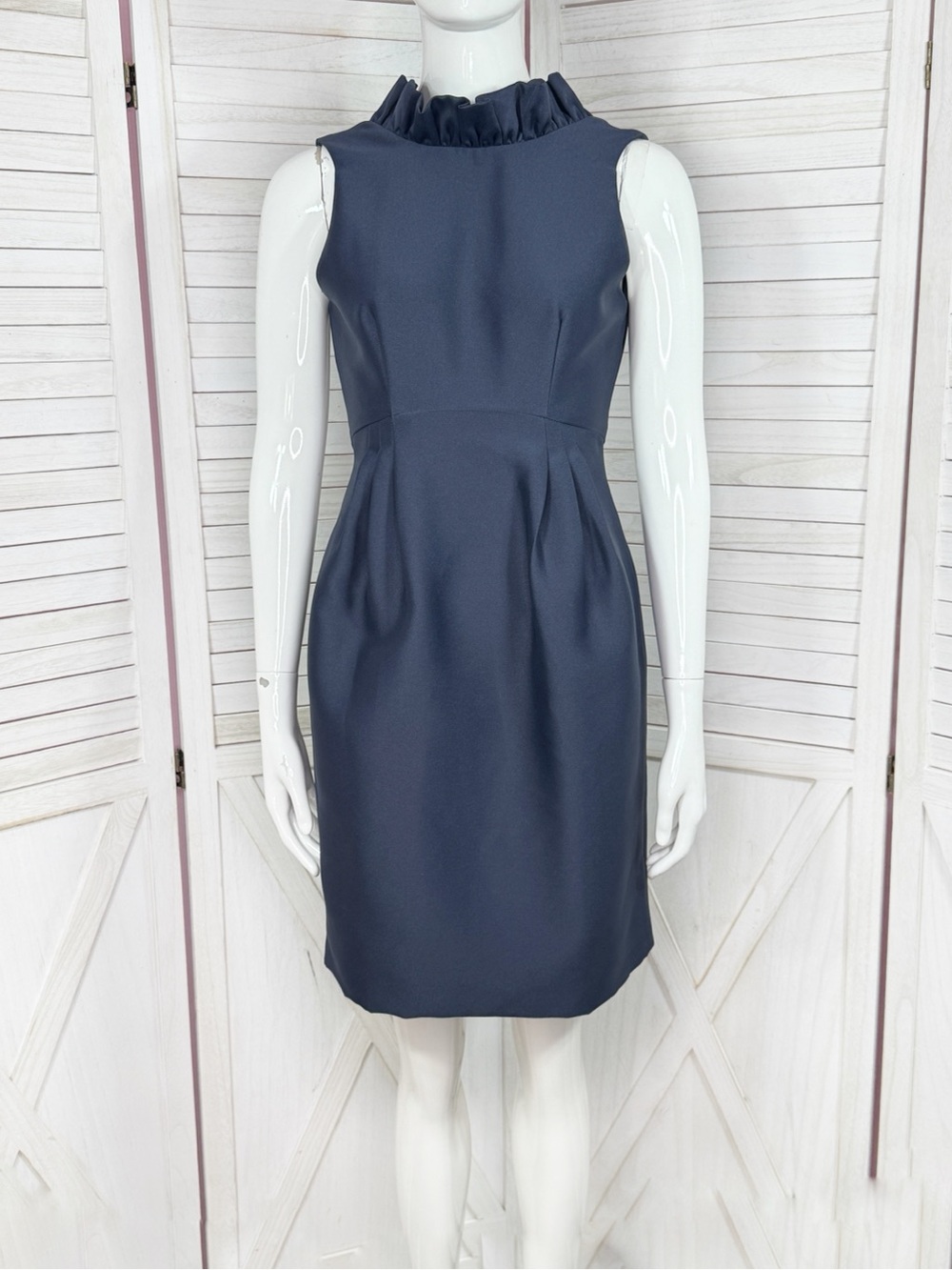 Camilyn Beth Go Go Dress Ruffle Neck Scoop Back Sleeveless Sheath Mini Navy Blue